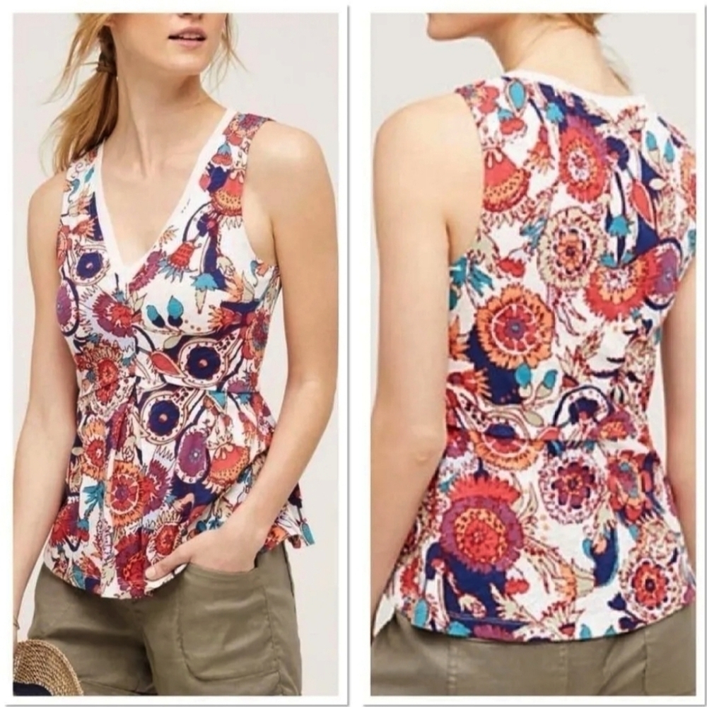 (1582) Anthropologie Deletta Peplum Floral Tank Top Size XS